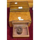 A burr wood jewellery box, 20cm, two other boxes, a small collection of penknives and