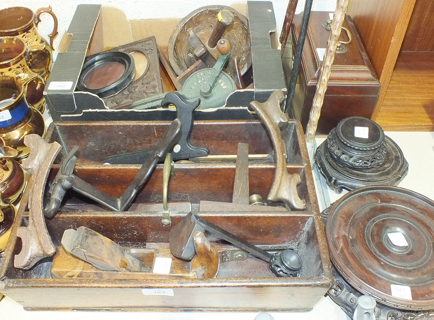 A vintage stained wood three-division cutlery tray with brass carrying handle, 42 x 31cm, various