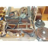 A vintage stained wood three-division cutlery tray with brass carrying handle, 42 x 31cm, various