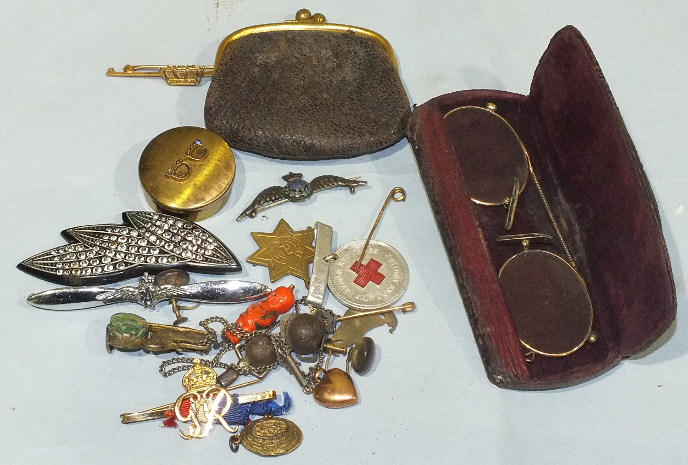A 9ct gold naval coronet brooch with metal pin, a pair of pince nez and other items.