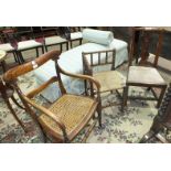 A stained wood bobbin-turned rush-seated corner chair, a Victorian cane-seated armchair and a