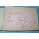 An autograph album 1930-1950's, with signatures including George and Beryl Formby and John Gielgud.