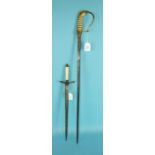 An 1805 pattern Naval sword, the 68cm etched and blued gilded straight blade with stirrup hilt, (