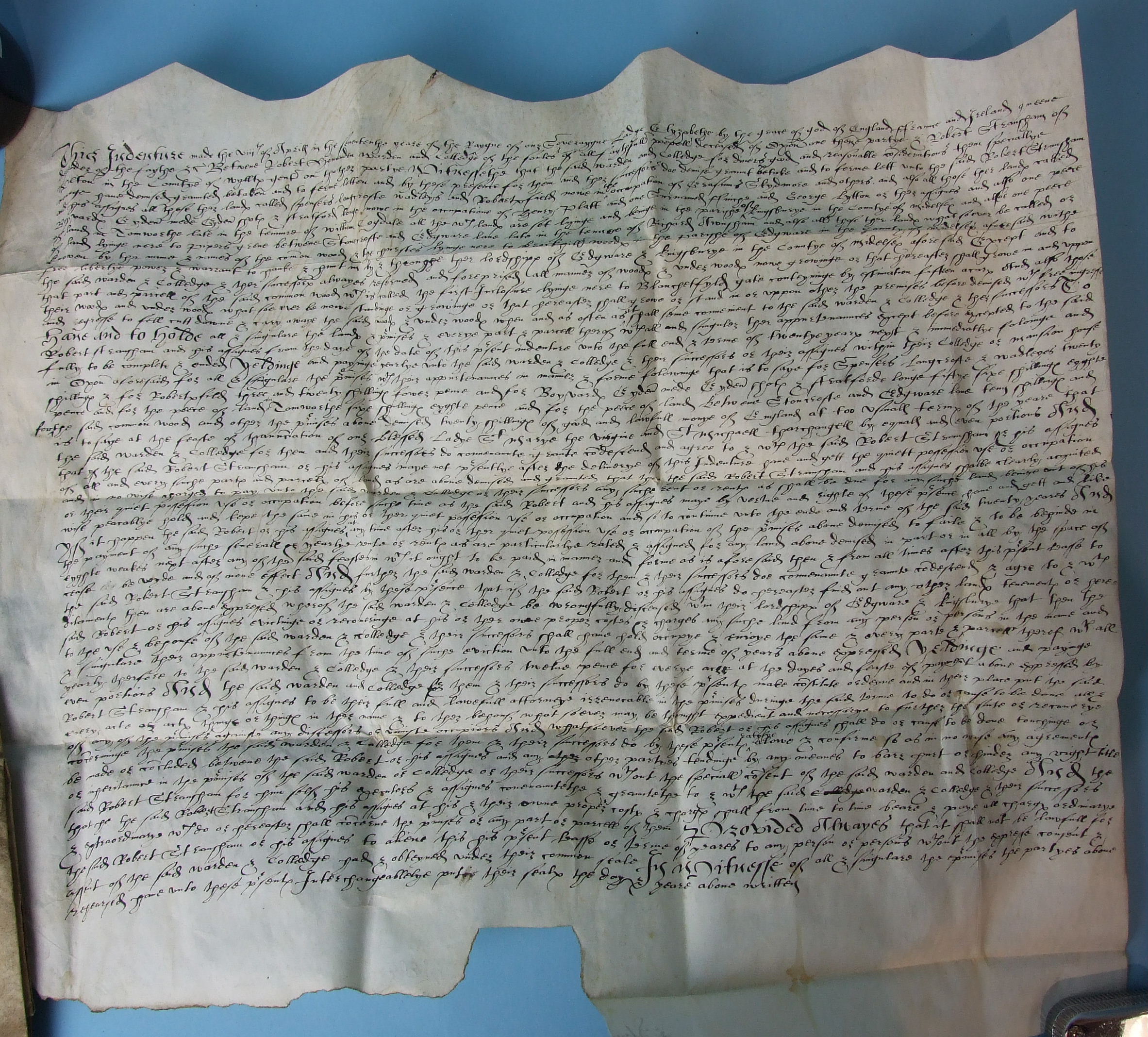 A 16th century Elizabeth I vellum Indenture regarding "Canon Woode and other Landes in Edware to - Image 2 of 5