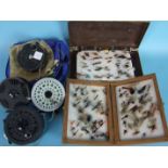 A J M Young Condex 3¼" trout fly reel, three other fly reels, a two-piece carbon fibre 9' "Heron