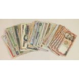 A collection of foreign bank notes.