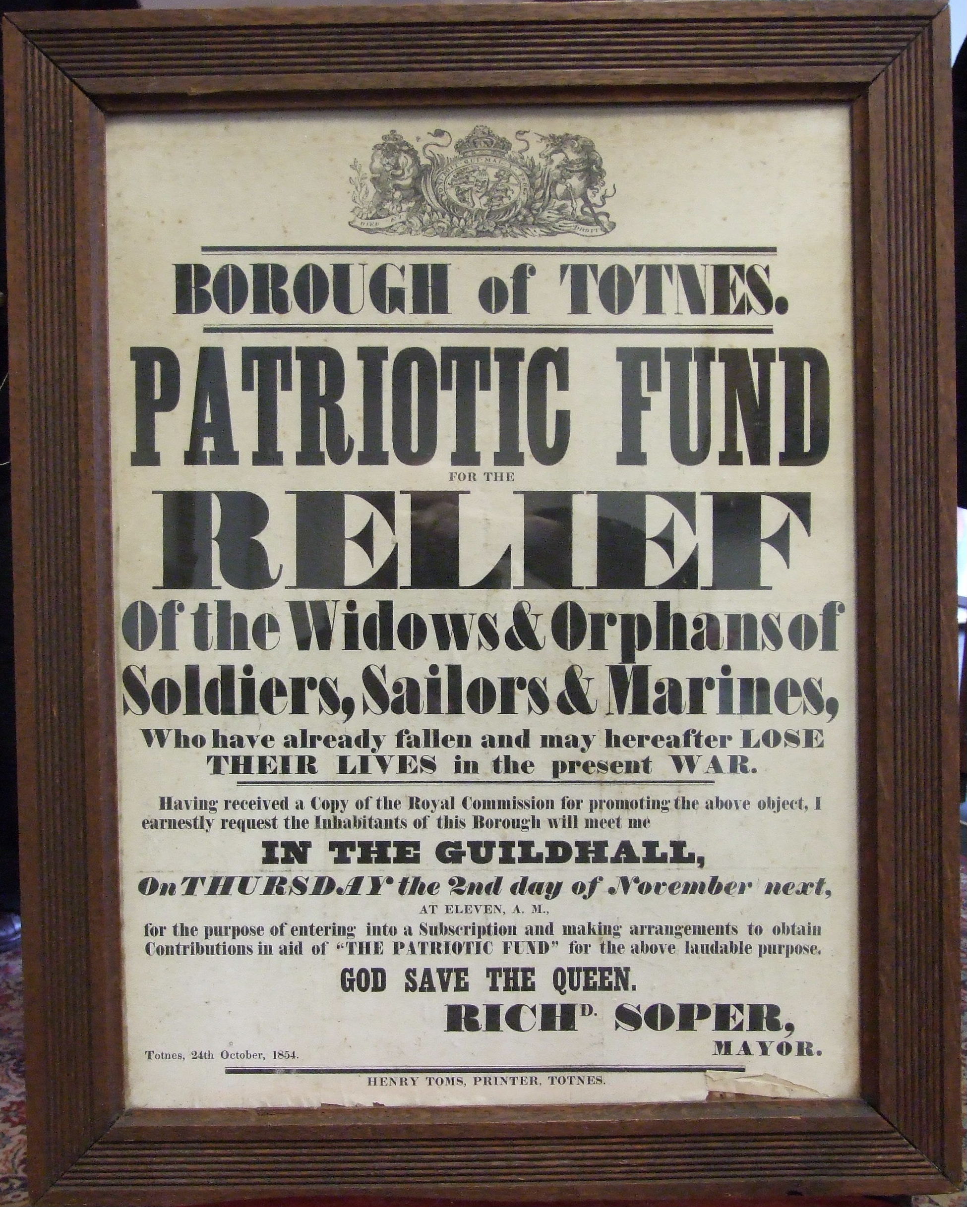 A printed poster "Borough of Totnes Patriotic Fund .........." c1854, by Henry Toms, Printer,