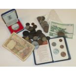 A collection of mainly foreign coins, including silver coins: Brazil Pedro I 960-Reis (date