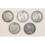 A collection of five Queen Victoria crowns, 1889 (x2), 1890, 1892, 1895, (5).