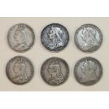 A collection of six Queen Victoria crowns, 1889, 1890 (x2), 1893, 1898, 1899, (6).