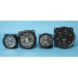 Four Bakelite cased aviation meters: brake pressure, marked "AM ref no. 6A/1282", water pressure(?),