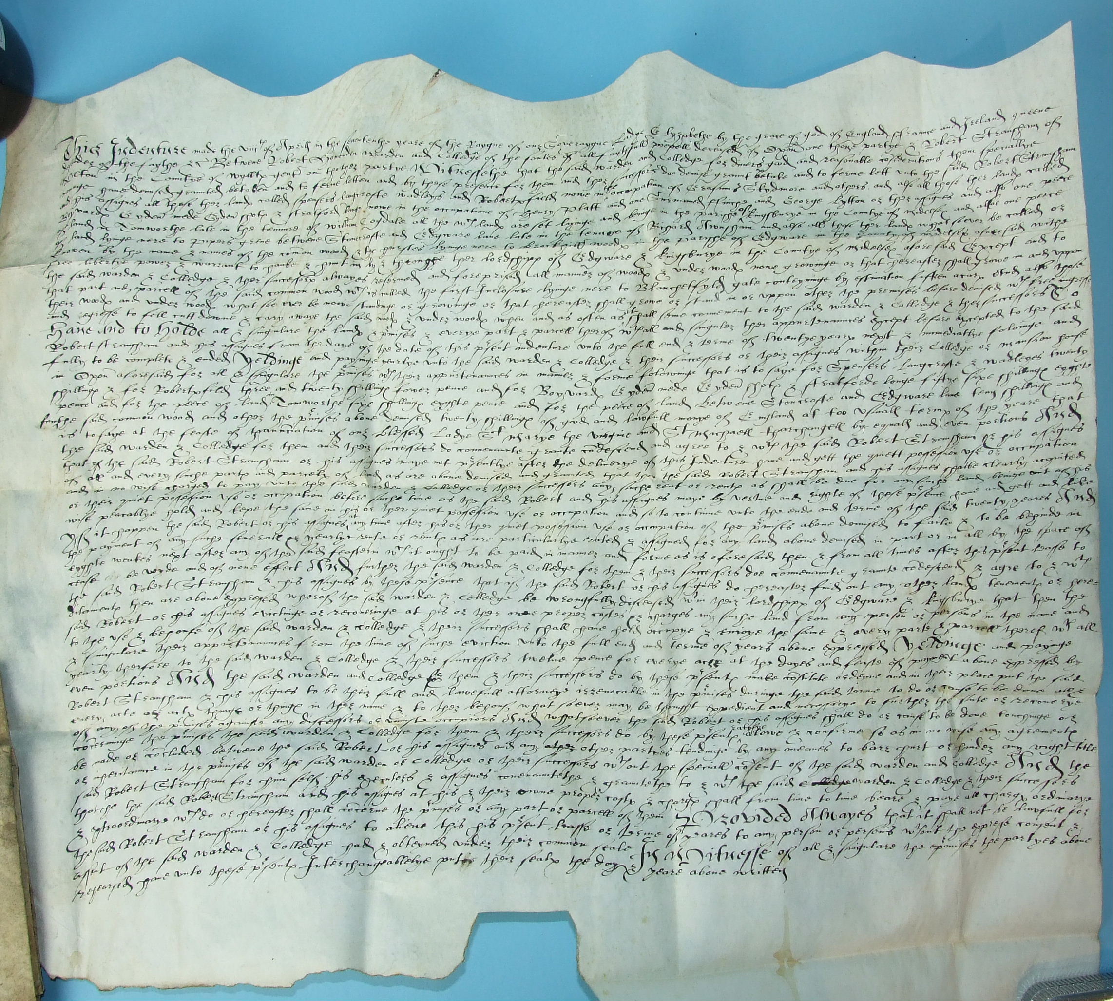 A 16th century Elizabeth I vellum Indenture regarding "Canon Woode and other Landes in Edware to