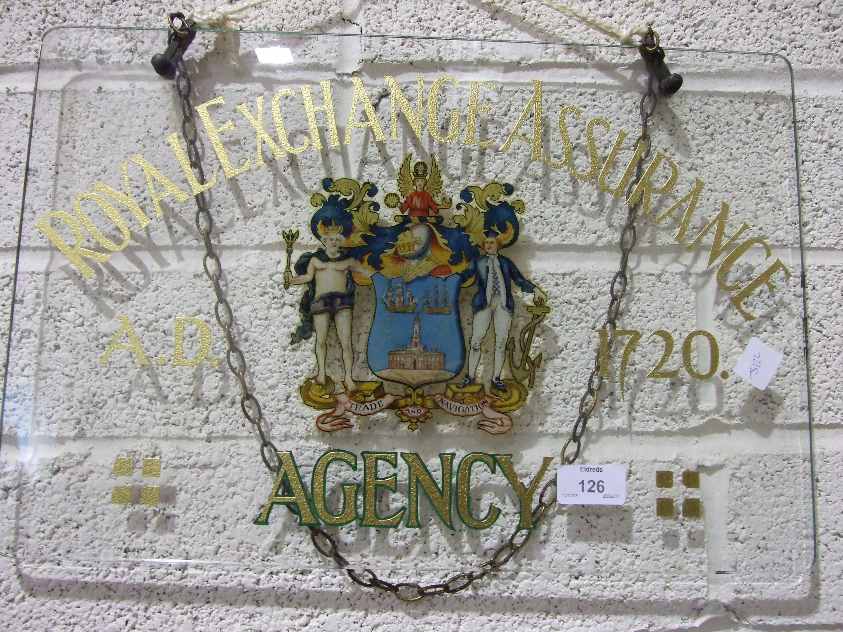 A glass hanging sign, "Royal Exchange Assurance Agency", 31 x 46cm and a framed poster, "Old Royal - Image 2 of 3