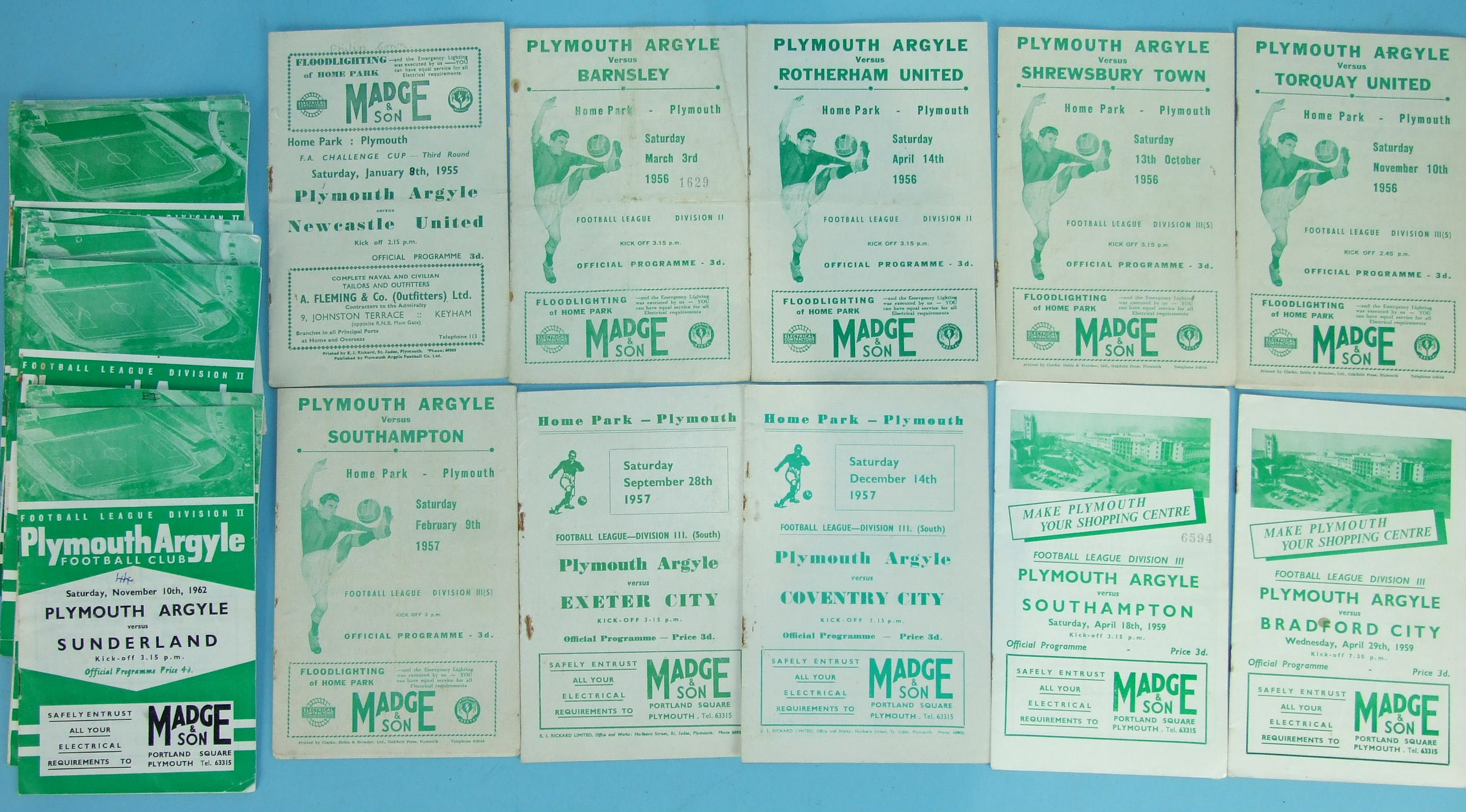 A collection of Plymouth Argyle FC home football programmes, including 1954/55 v Newcastle FA Cup,