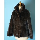 A dark brown mink jacket with long sleeves and stand-up collar.