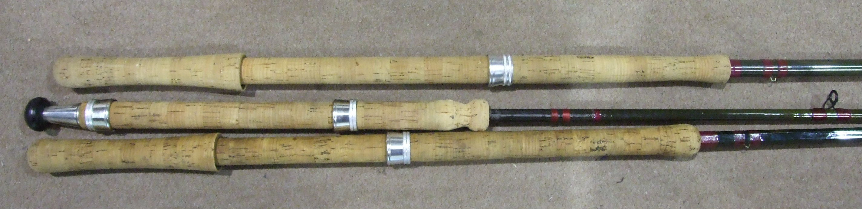 A Bruce & Walker 15' 10-12 carbon fibre salmon rod, a 13' 7-10 Hexagraph rod and a three-piece 11'