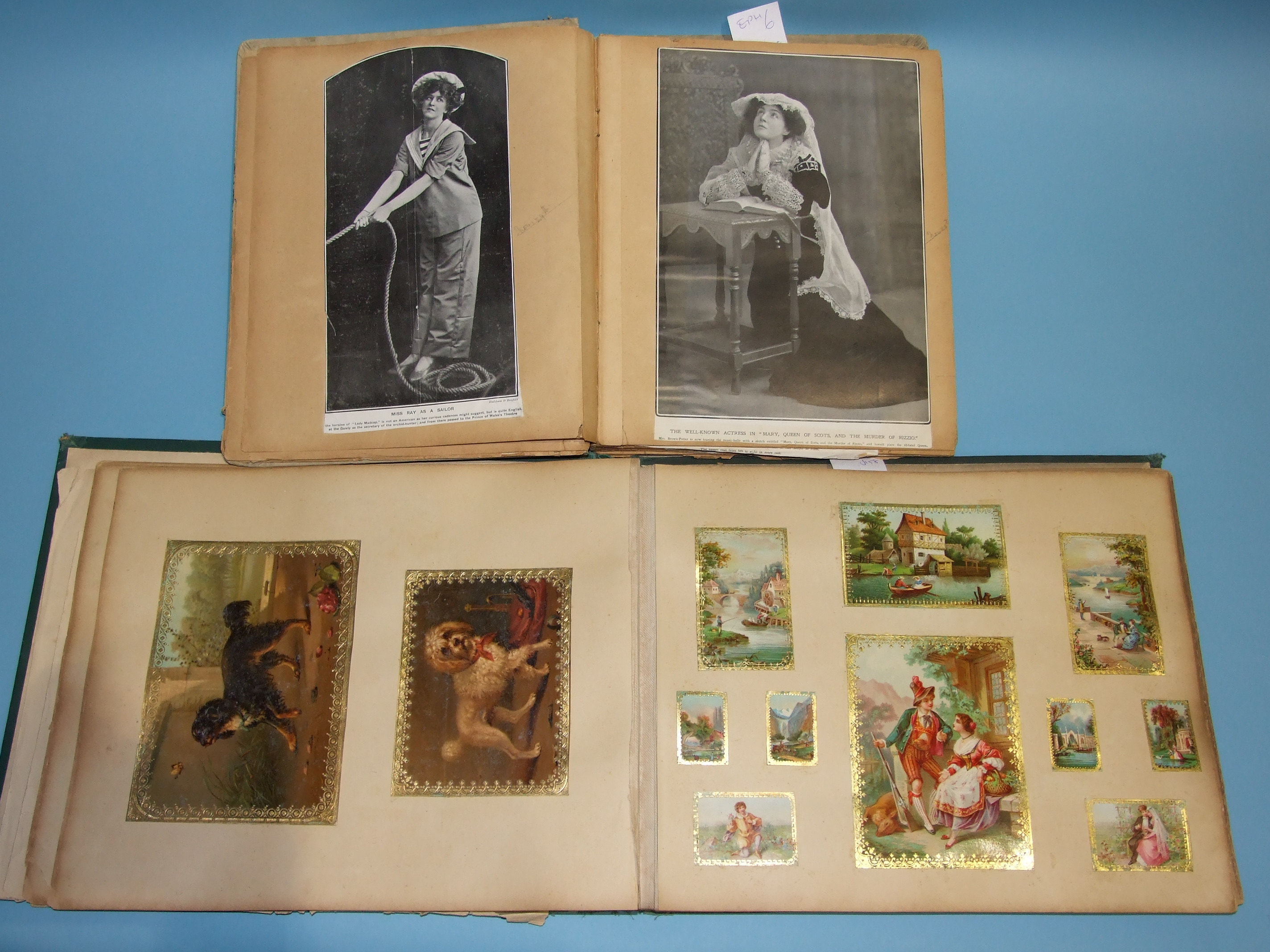 A Victorian album of scraps, chromo-lithographic prints, etc and an Edwardian album of theatrical