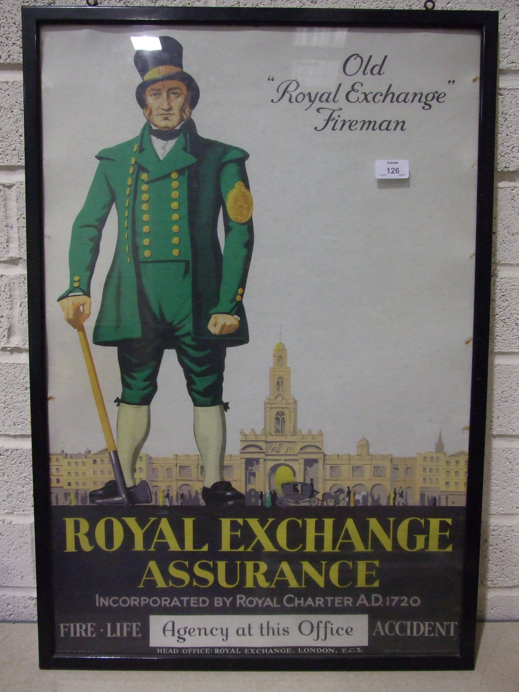 A glass hanging sign, "Royal Exchange Assurance Agency", 31 x 46cm and a framed poster, "Old Royal - Image 3 of 3