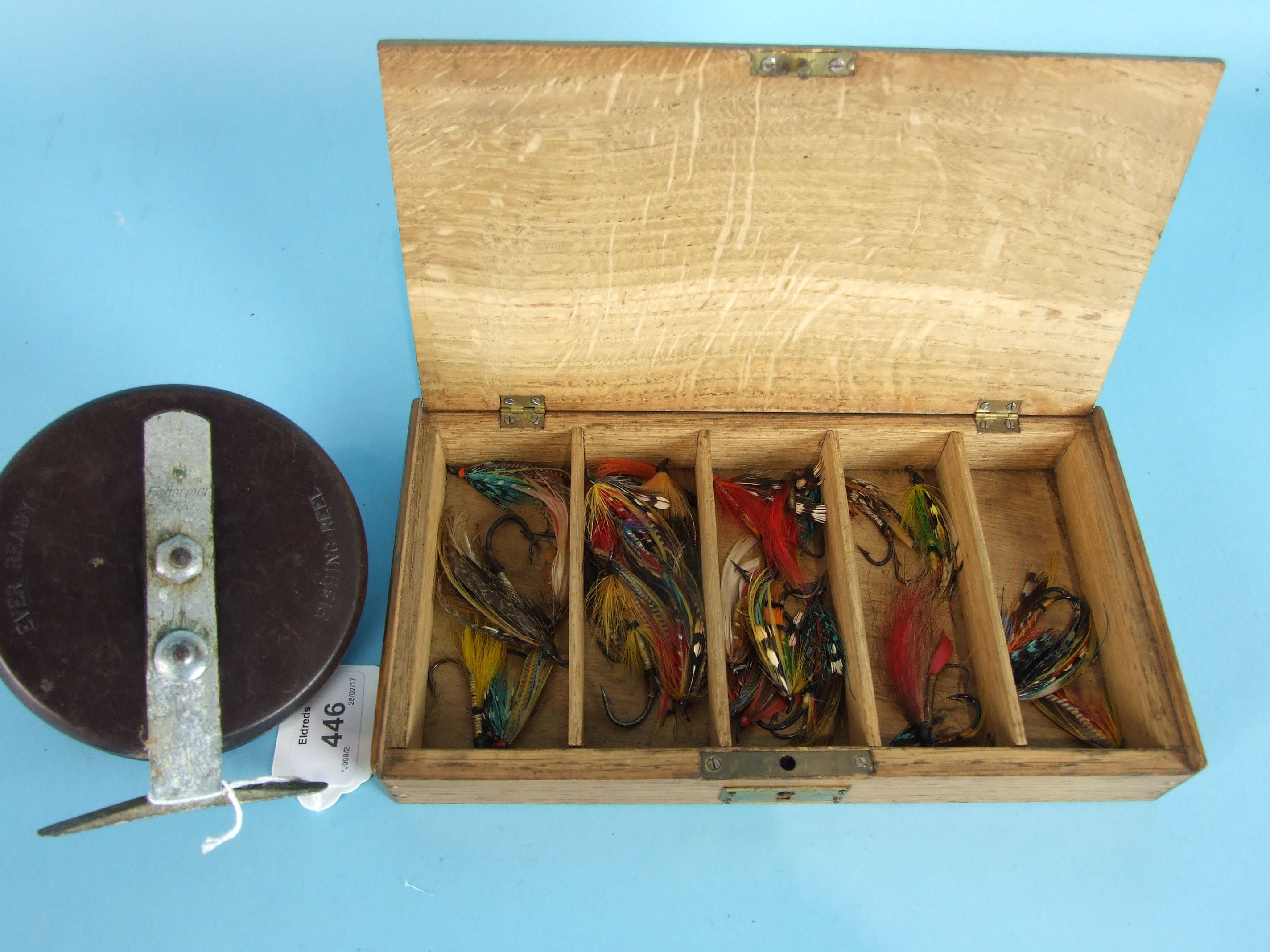 A collection of twenty-nine Salmon steel-head and rainbow flies in an oak box, (formerly the