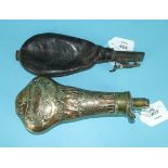 A 19th century Hawksley copper powder flask with ivy leaf embossed decoration, 23cm long and a