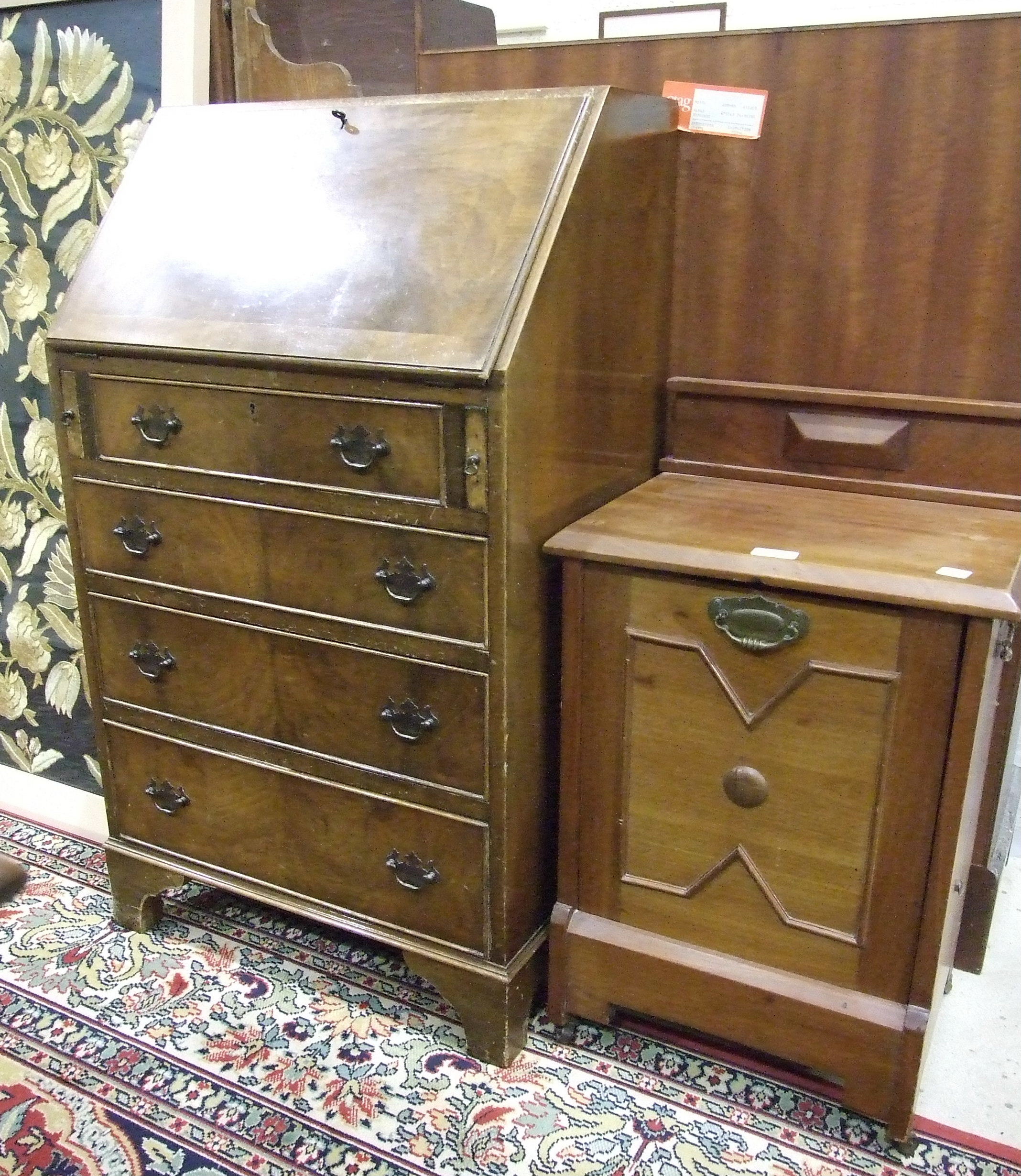 A small reproduction walnut bureau, 56cm wide and a hardwood coal purdonium, (2).