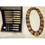 A gilt metal RAOB chain of office and a cased set of six each plated fish knives and forks presented
