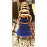 A set of four stained wood dining chairs on turned front legs and a pair of similar chairs, (6).