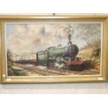 S L Bennett, King George V Steam Locomotive, signed oil on canvas, 50 x 90cm.