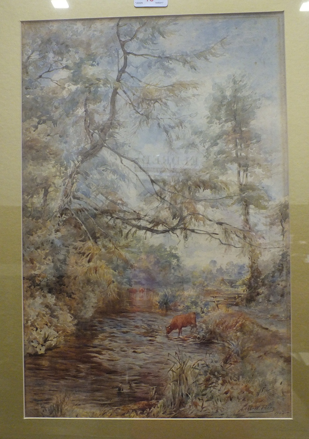 Arthur W Perry, 'Woodland scene with a cow drinking from a stream', a signed watercolour, dated - Image 2 of 6