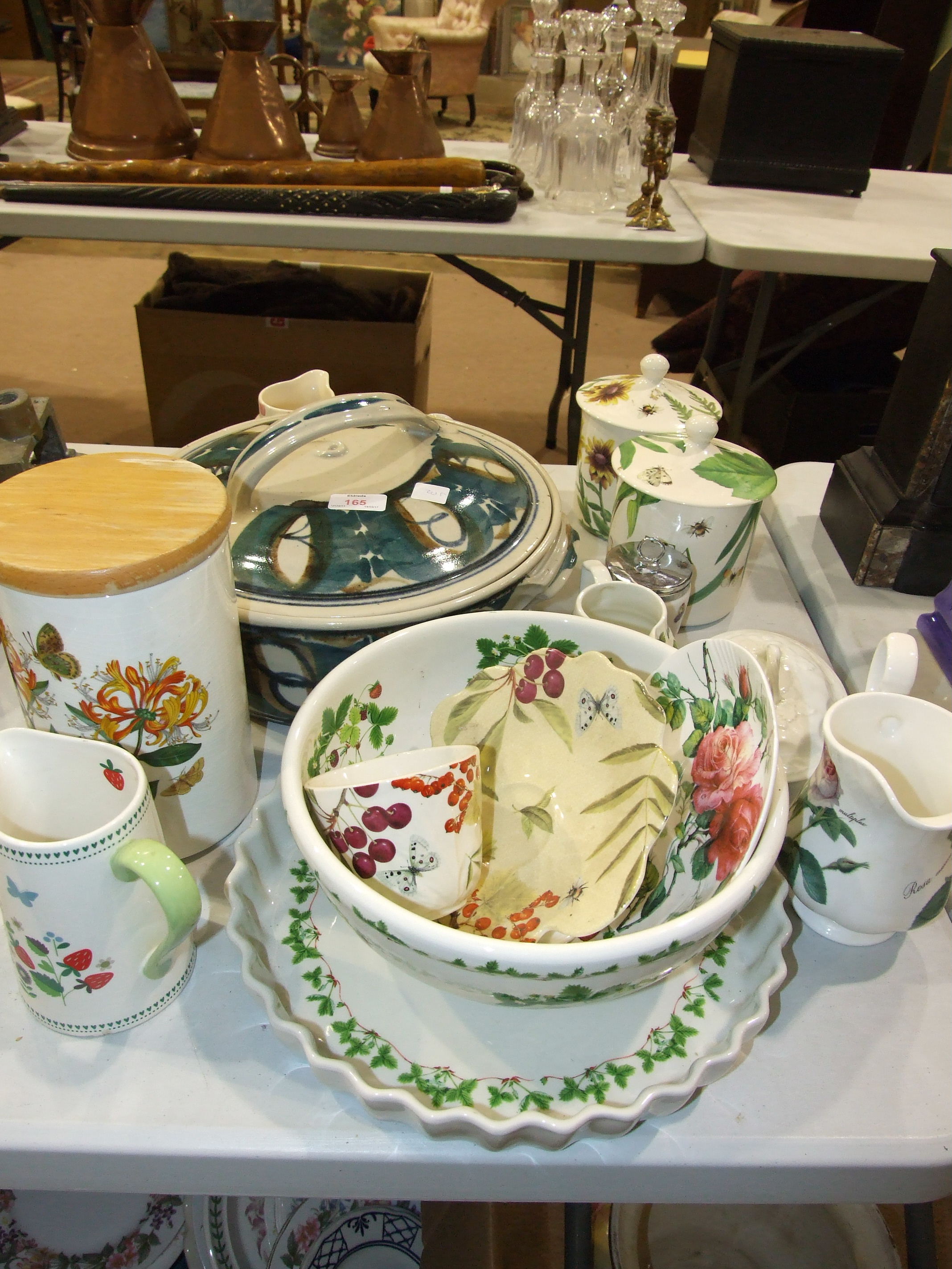 Two Spode Floral Heaven tea and sugar storage jars with covers, 17cm high and other ceramics