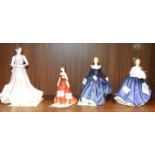 Three Royal Doulton figurines: Fragrance 17cm, Elaine, True Romance and a Coalport figure, Precious,