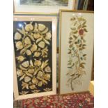 A framed late 19th century woolwork panel embroidered with flowers and leaves on a branch, 125 x