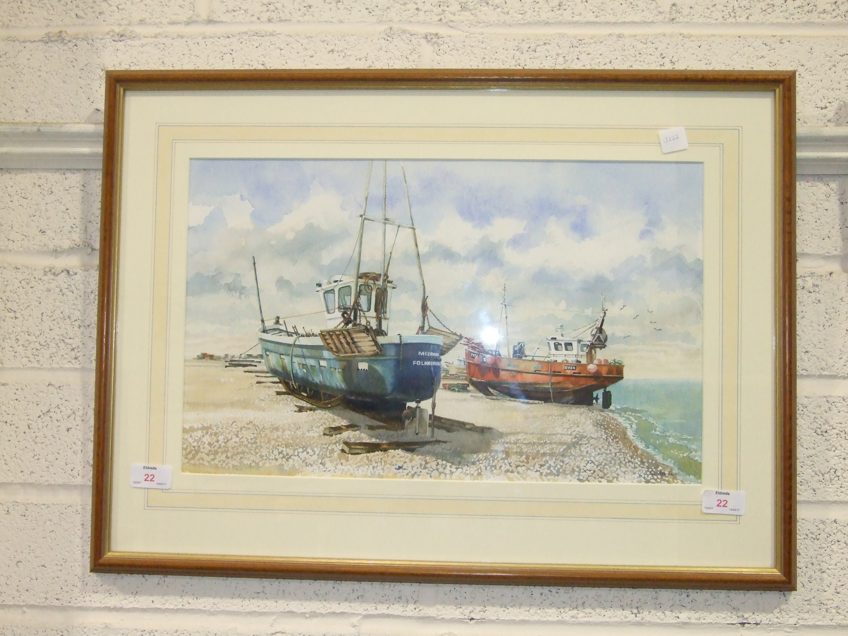 Ray Rawlings, 'Beached fishing vessels, Walmer, Kent', signed watercolour, 29 x 47.5cm.