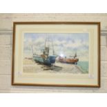 Ray Rawlings, 'Beached fishing vessels, Walmer, Kent', signed watercolour, 29 x 47.5cm.