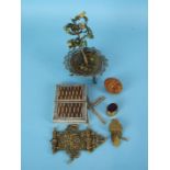 A filigree gilt metal and enamel tree ornament, 18cm high, (a/f), a gilt metal chatelaine clip and