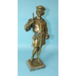 Guillot, a polished bronze figure of a 17th century soldier with sword, standing on a square base