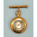 A ladies small 15ct gold half hunter keyless pocket watch, the outer case with pale blue enamelled