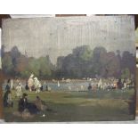 Style of Sir John Lavery RA (Irish 1856-1941) NUMEROUS FIGURES AROUND A POND Unsigned oil on