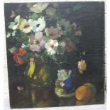 •**Harrison Jagie (20th Century) STILL LIFE OF FLOWERS, A TOBY JUG AND FRUIT Oil on canvas,