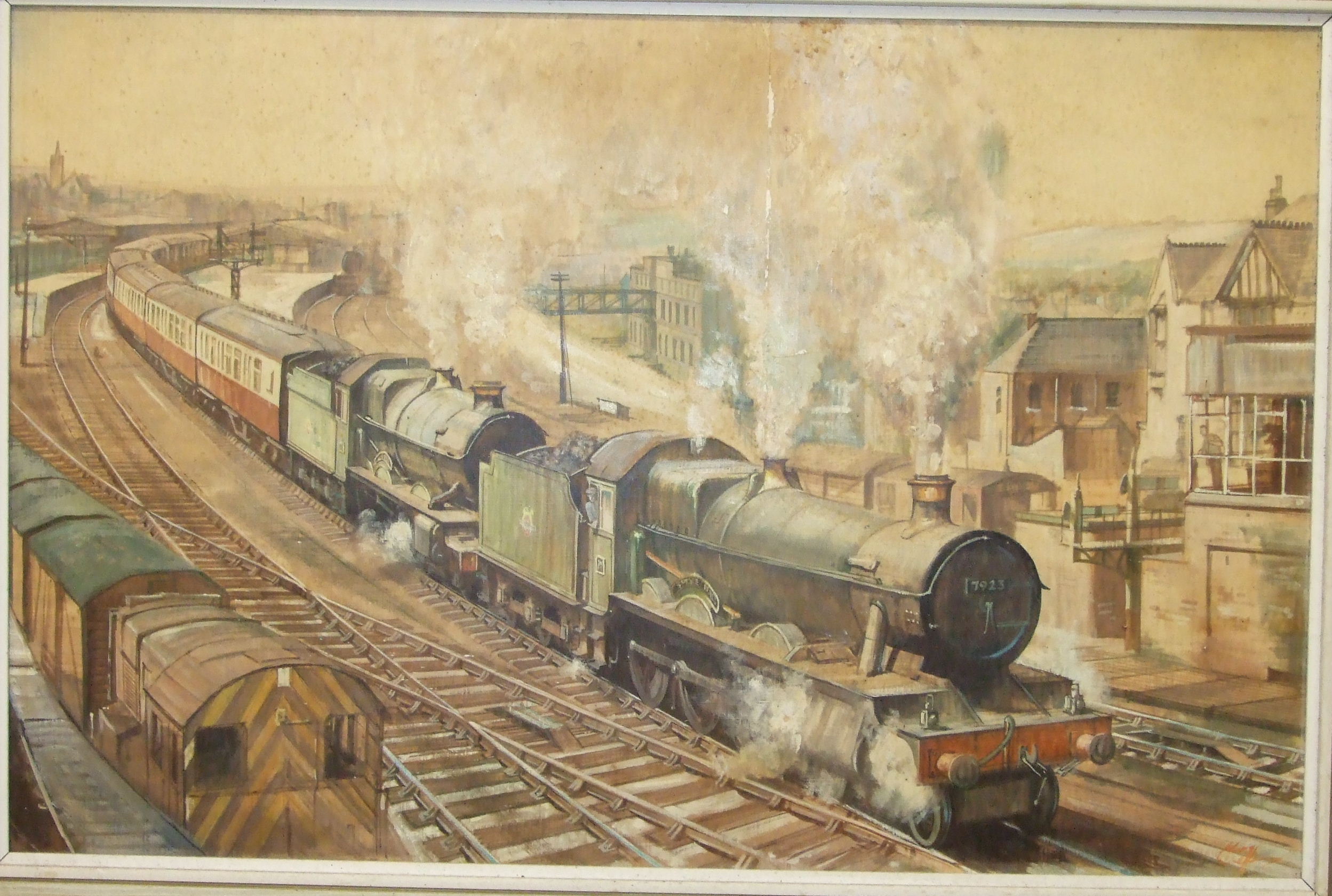 •**C Jeffrey GWR LOCOMOTIVE SPEKE HALL NO.7923 PASSING THROUGH STATION Signed oil on board, 58 x