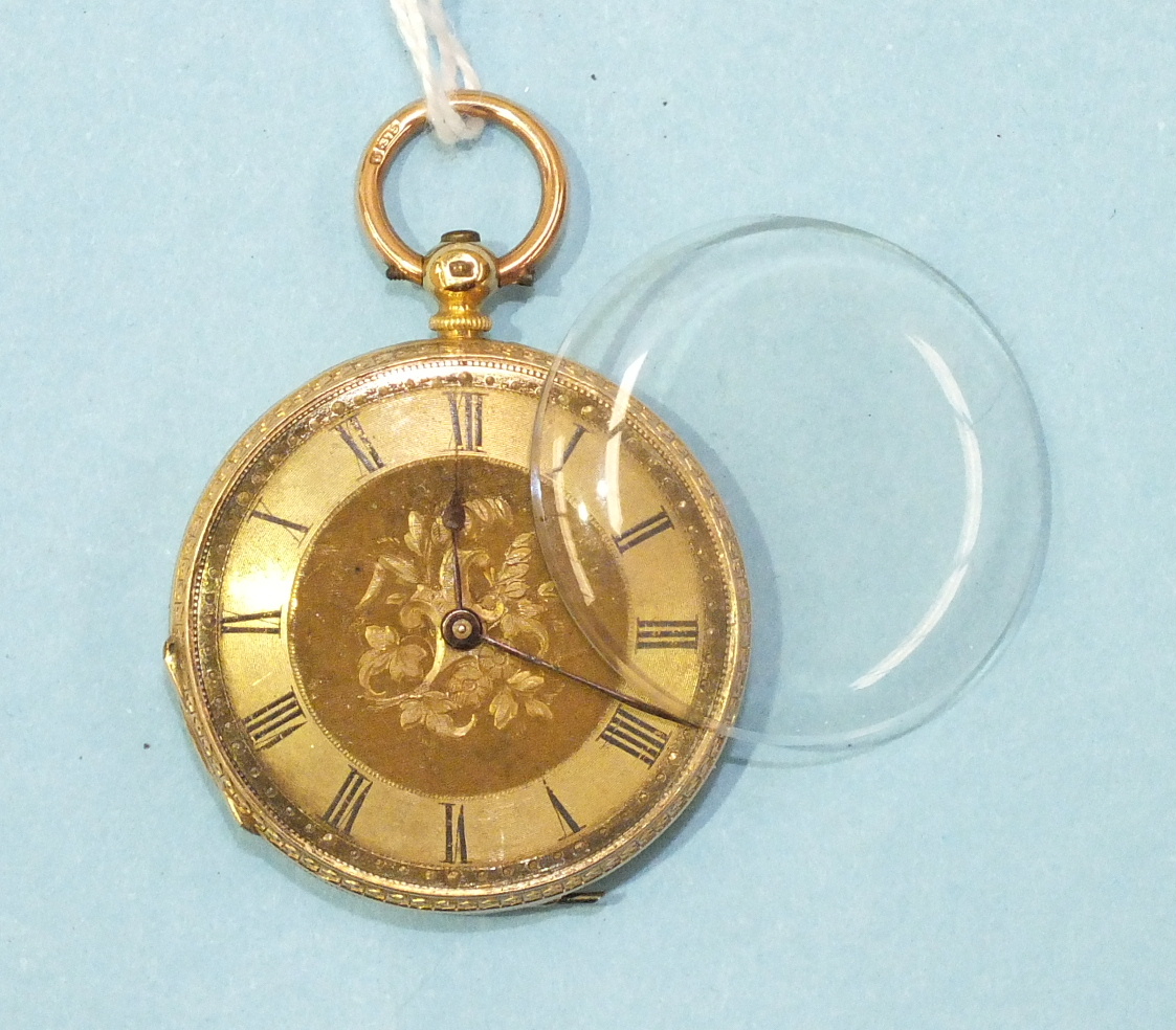 A ladies Continental 18k-gold-cased open-faced pocket watch with engraved dial and case, 36mm