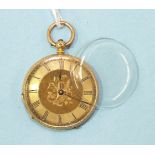 A ladies Continental 18k-gold-cased open-faced pocket watch with engraved dial and case, 36mm