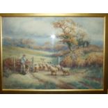 •**Henry Stannard RA NOA (1870-1951)A SHEPHERD AND SHEEP IN A PASTORAL LANDSCAPE Signed watercolour,