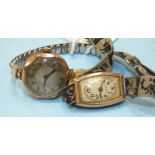 Two ladies 9ct-gold-cased wrist watches, one on gold plated expanding bracelet, (2).