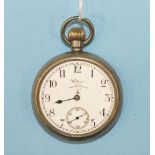 Waltham, a Vanguard military nickel-cased keyless open-face pocket watch with Arabic numerals and