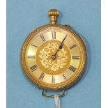 A Continental 18ct-gold-cased open-face keyless pocket watch with engraved gold face and case,