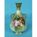 A Royal Worcester porcelain vase painted with roses and with gilt handles and rims, unsigned, 12cm