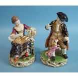 A pair of Bloor Derby porcelain figures, a gentleman and lady playing with a dog and feeding a