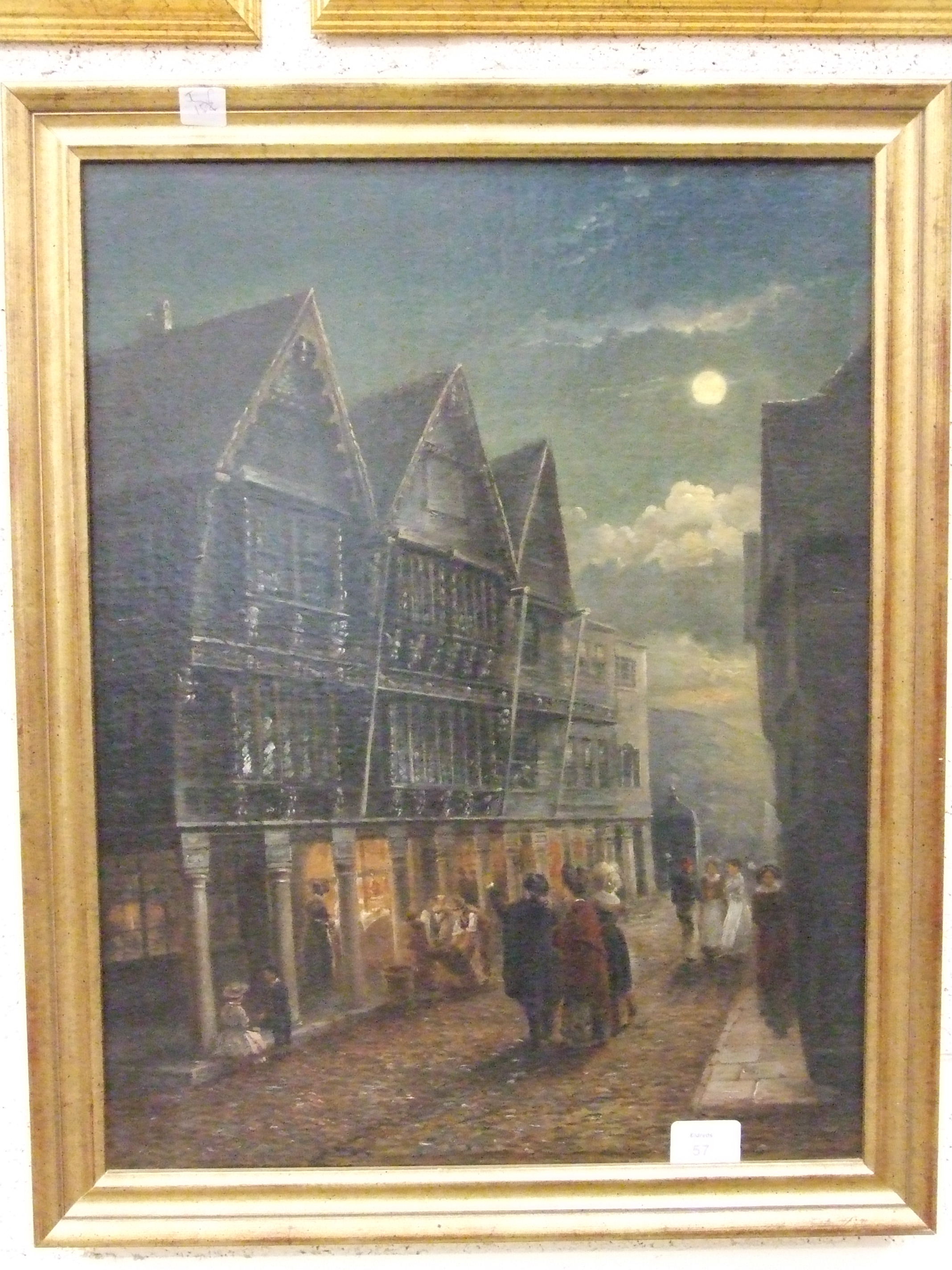W H HIGH STREET ............. A BUSY STREET WITH FIGURES BY MOONLIGHT Oil on canvas, indistinctly-