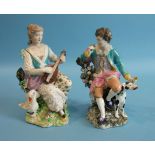 A pair of Derby porcelain figures, a girl playing a lute with a swan at her side and a young man